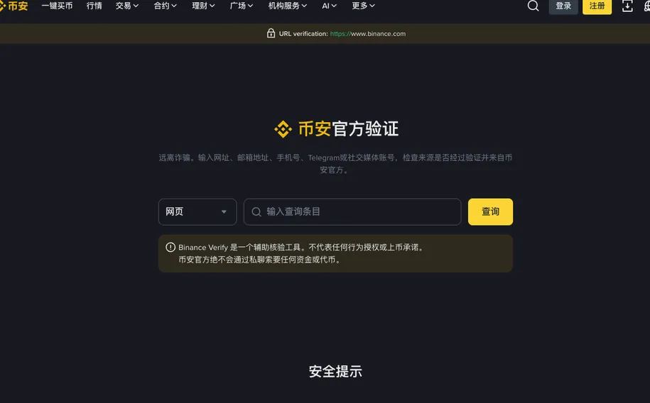 币安官方验证页：类型下拉框显示网页，旁边是查询输入框和查询按钮，下方提示框写明币安官方绝不会通过私聊索要资金或代币
